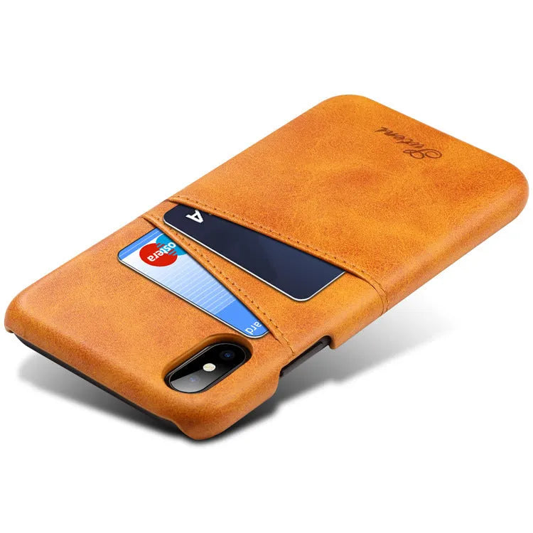 Slim black PU leather wallet case for a mobile phone, showing two card slots on the back.