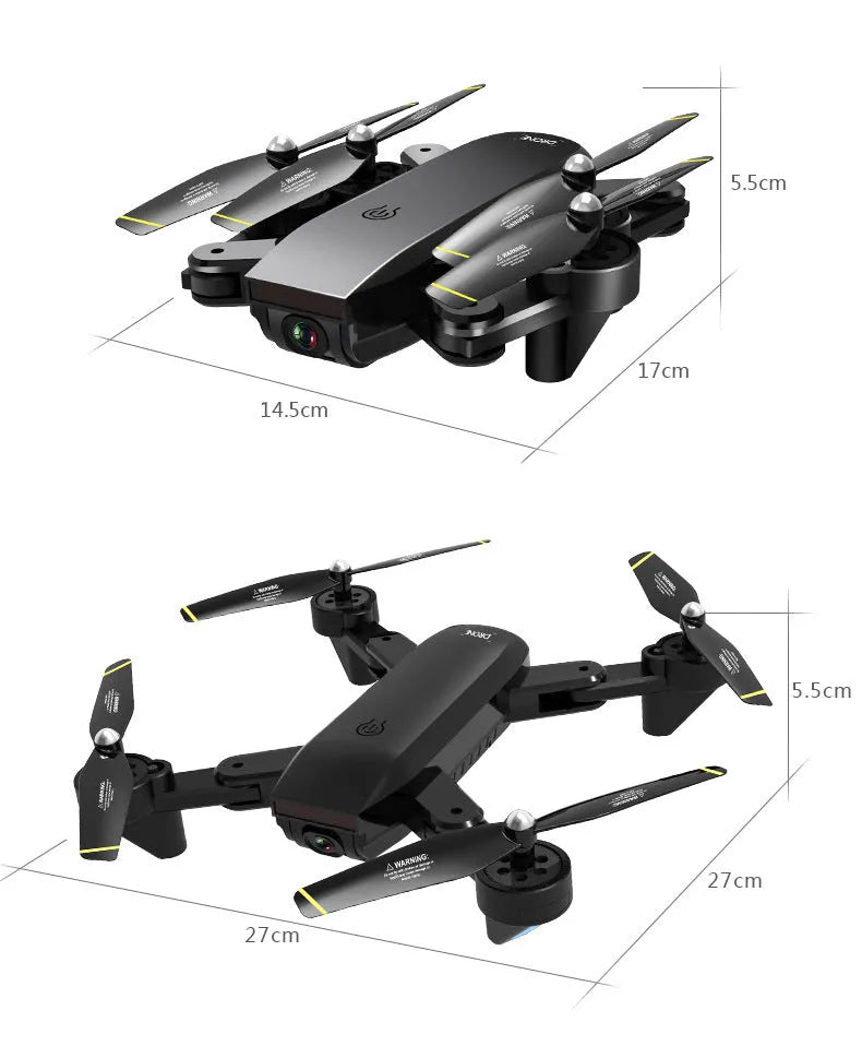 Quadrocopter drone with 4K optical flow dual camera in black, showing propellers and camera array