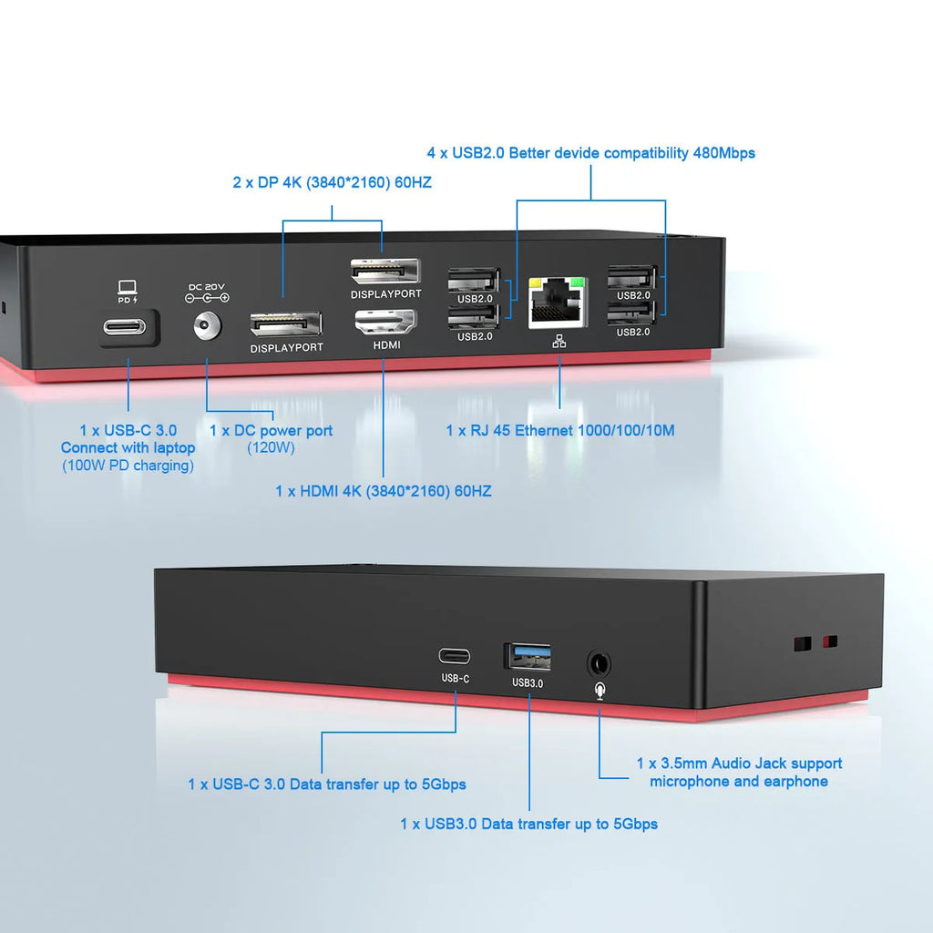 Lx100 Type-C docking station with 12 ports, 4K display support, external power supply, and 81.5cm cable