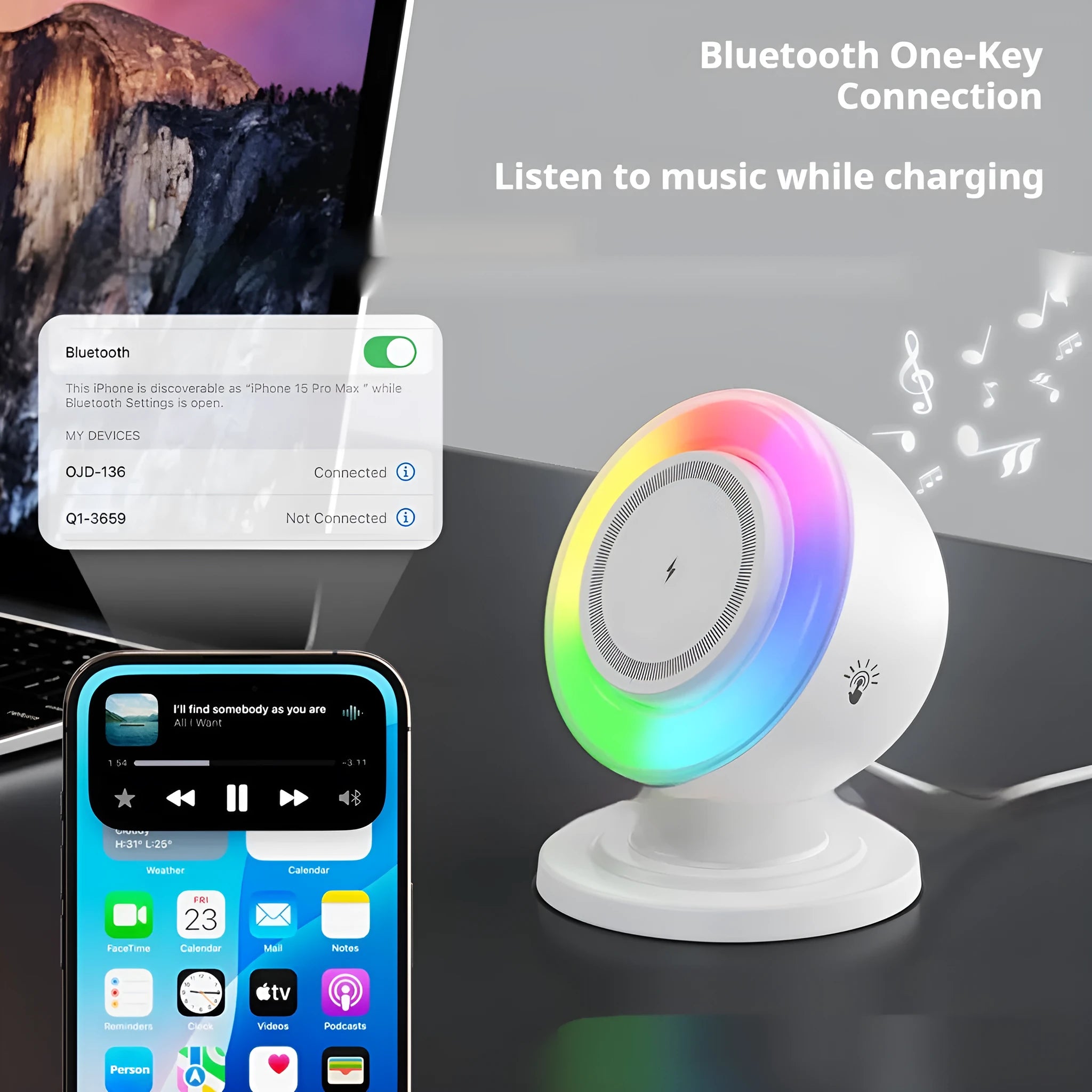 Three-in-one wireless charger with Bluetooth speaker and coloured lights in white finish on a desk