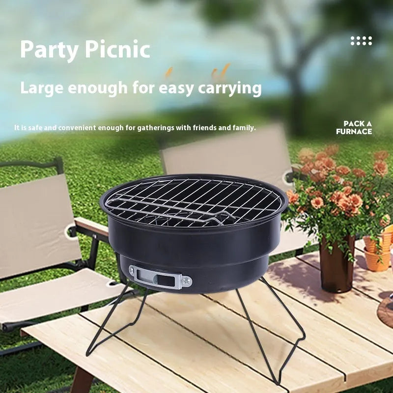Small folding round ice stove outdoor barbecue grill set with all components displayed