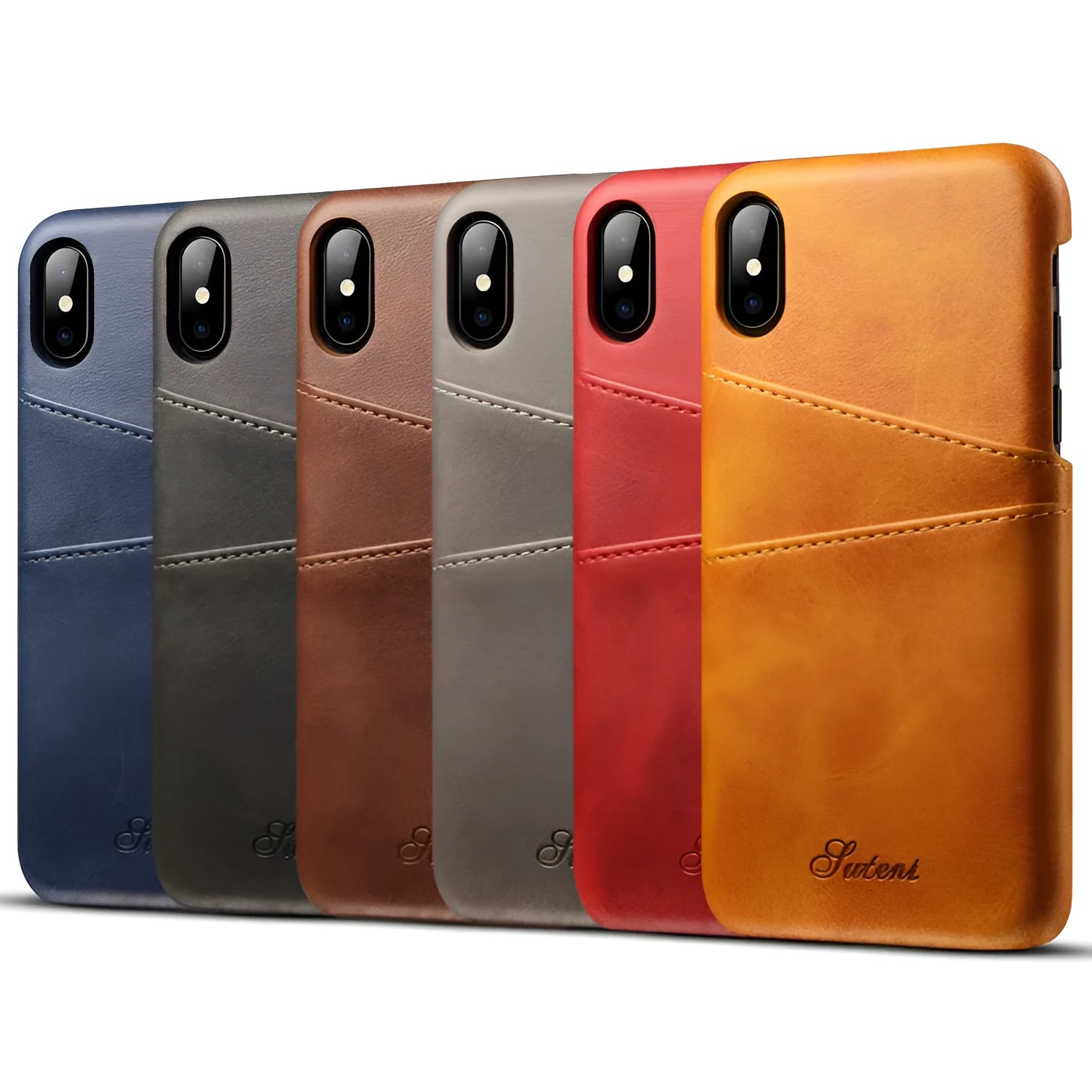 Slim black PU leather wallet case for a mobile phone, showing two card slots on the back.