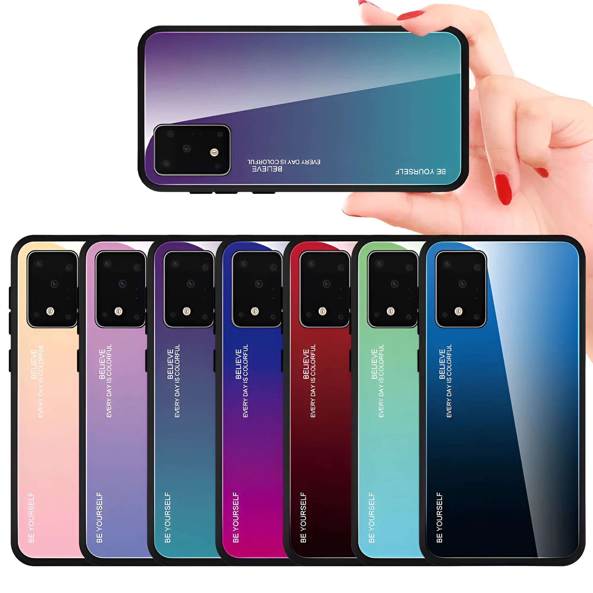 Gradient glass phone case for Samsung, TPU and tempered glass back cover, seven colour styles