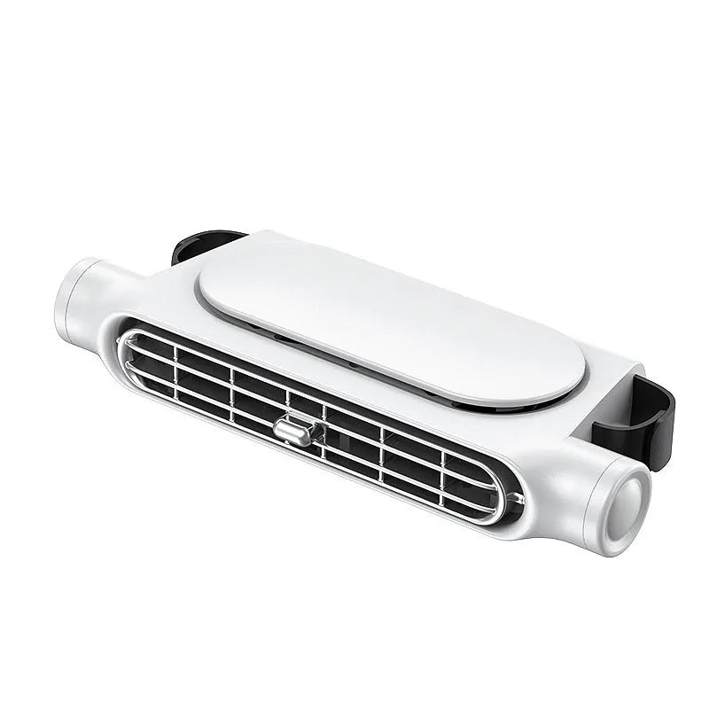 Creative New USB plug-in bladeless car fan with Velcro mount in black, white, or beige, showing manual control button.