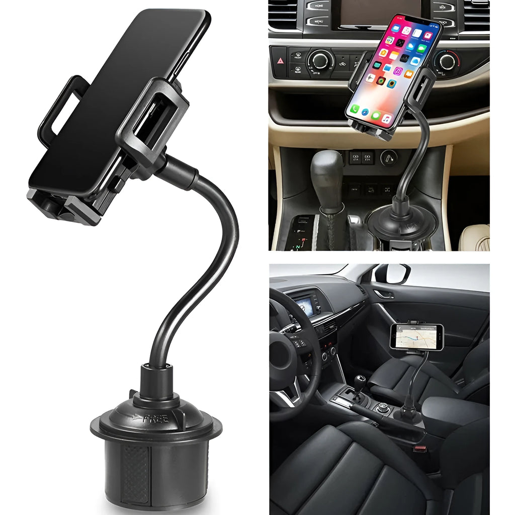 Black universal car phone mount holder with adjustable side grips, shown mounted on a car air vent.