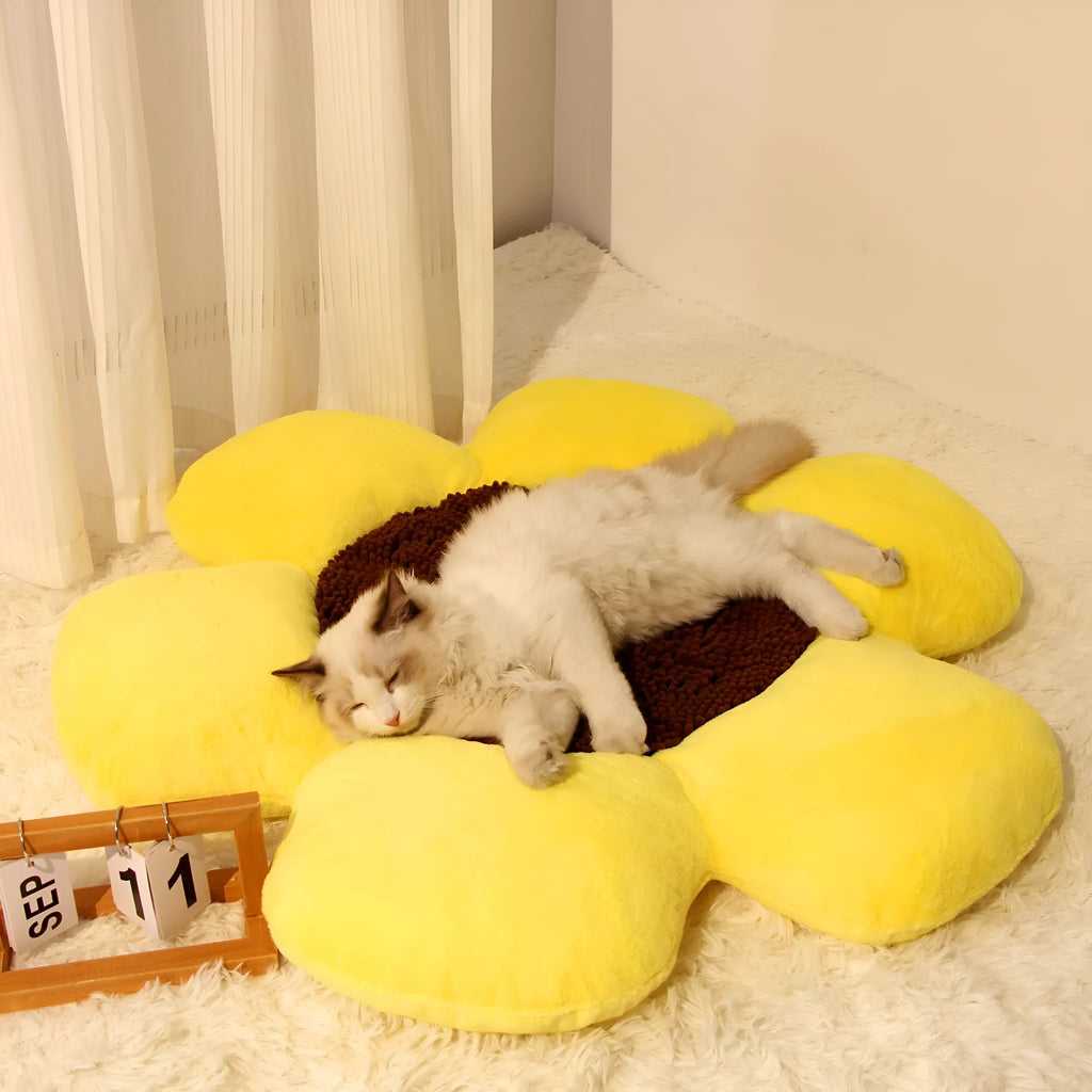 85cm round plush cat nest with flower design in blue or yellow colour options