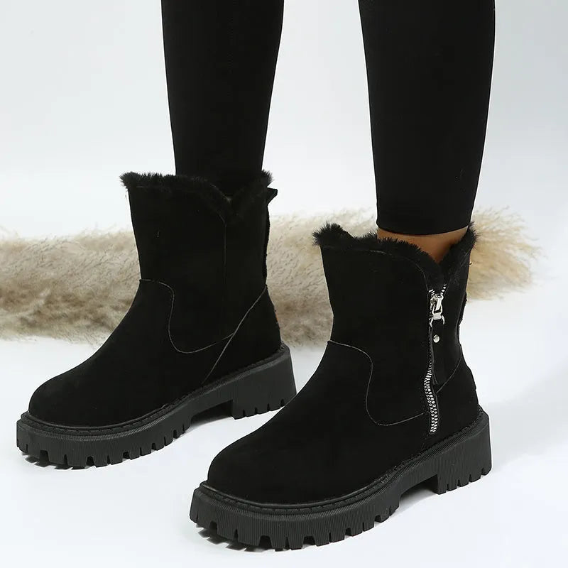 Women's high-top snow boots in black with side zip and thick plush lining