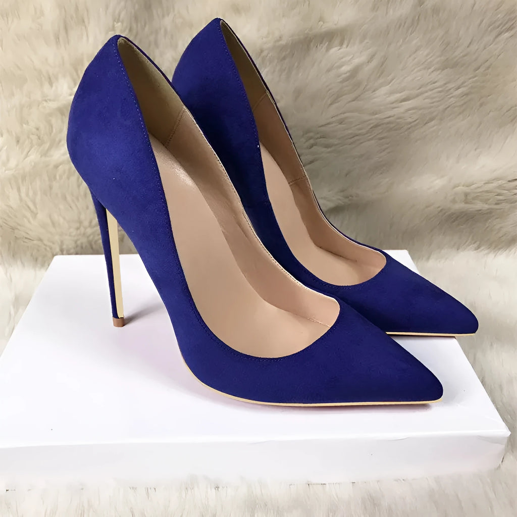 Blue suede stiletto heels pointed toe shallow mouth super high heel women's shoes side view