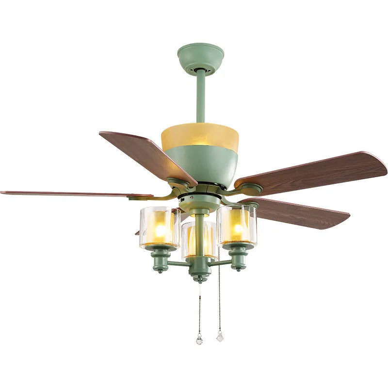 Dark green American style ceiling fan lamp, 120cm diameter, iron glass and wood leaf, E27 x 3 light source