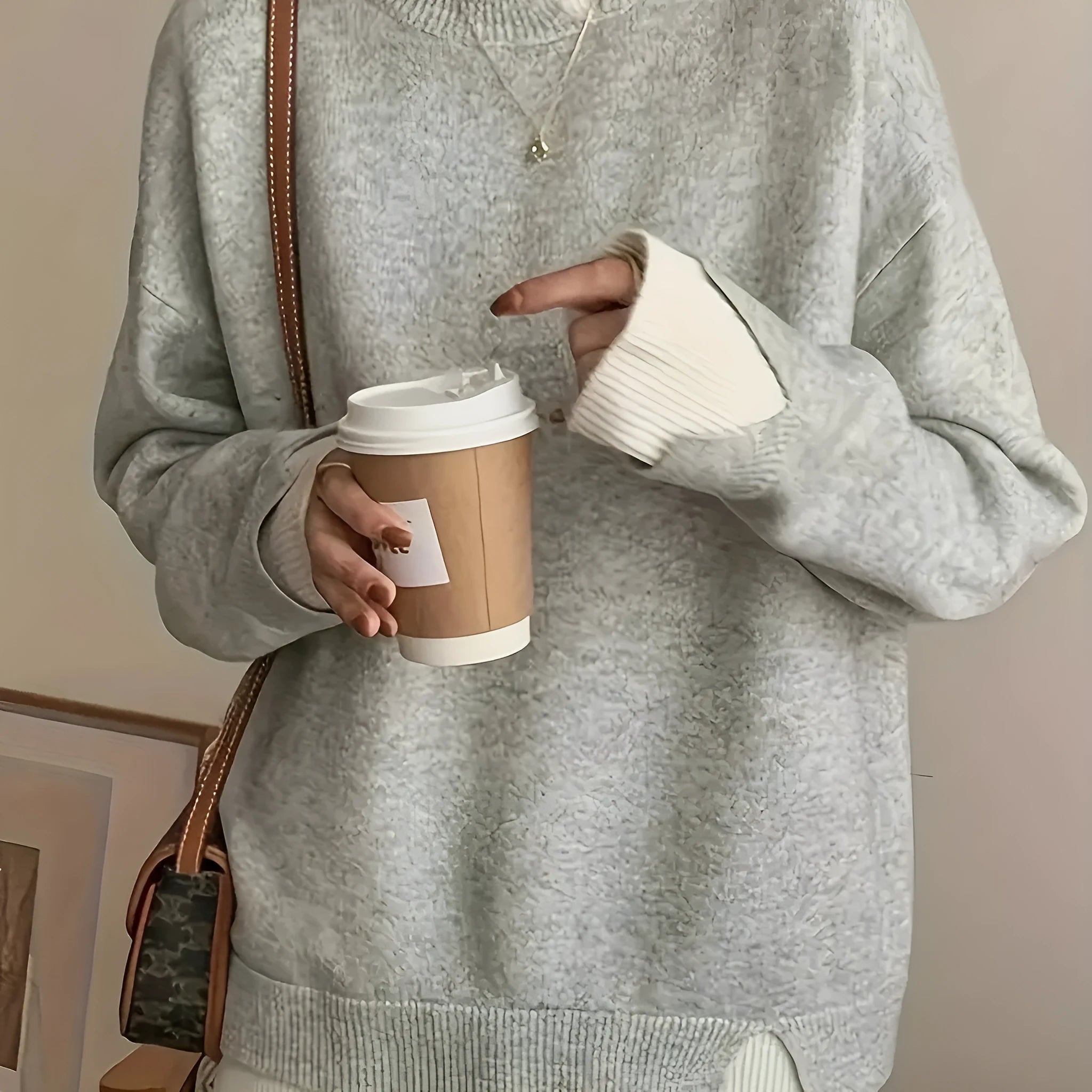 Women's grey round neck sweater made from chenille and spandex fabric