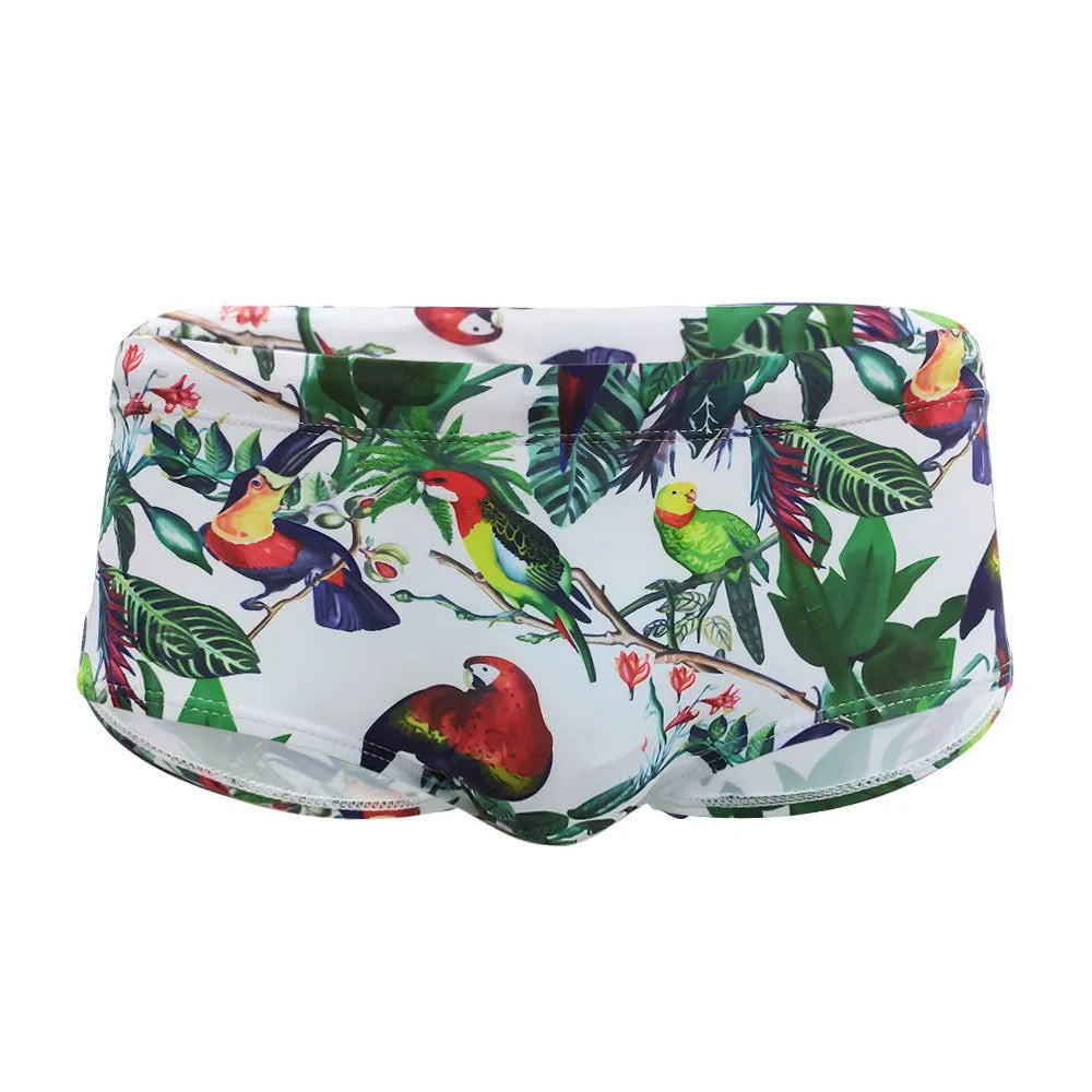 Men's flower-bird print swimming trunks with cup cover in nylon fabric