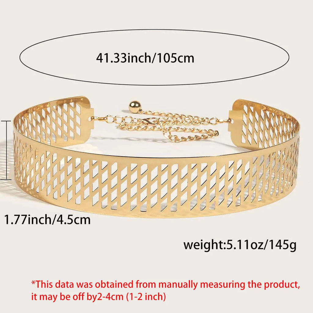 Golden thick waist belt with alloy buckle and iron ring detail, measuring 105cm long and 4.5cm wide.
