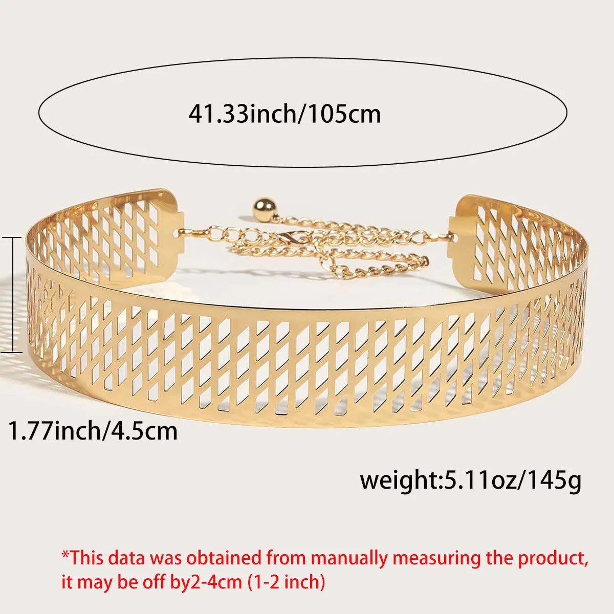 Golden thick waist belt with alloy buckle and iron ring detail, measuring 105cm long and 4.5cm wide.