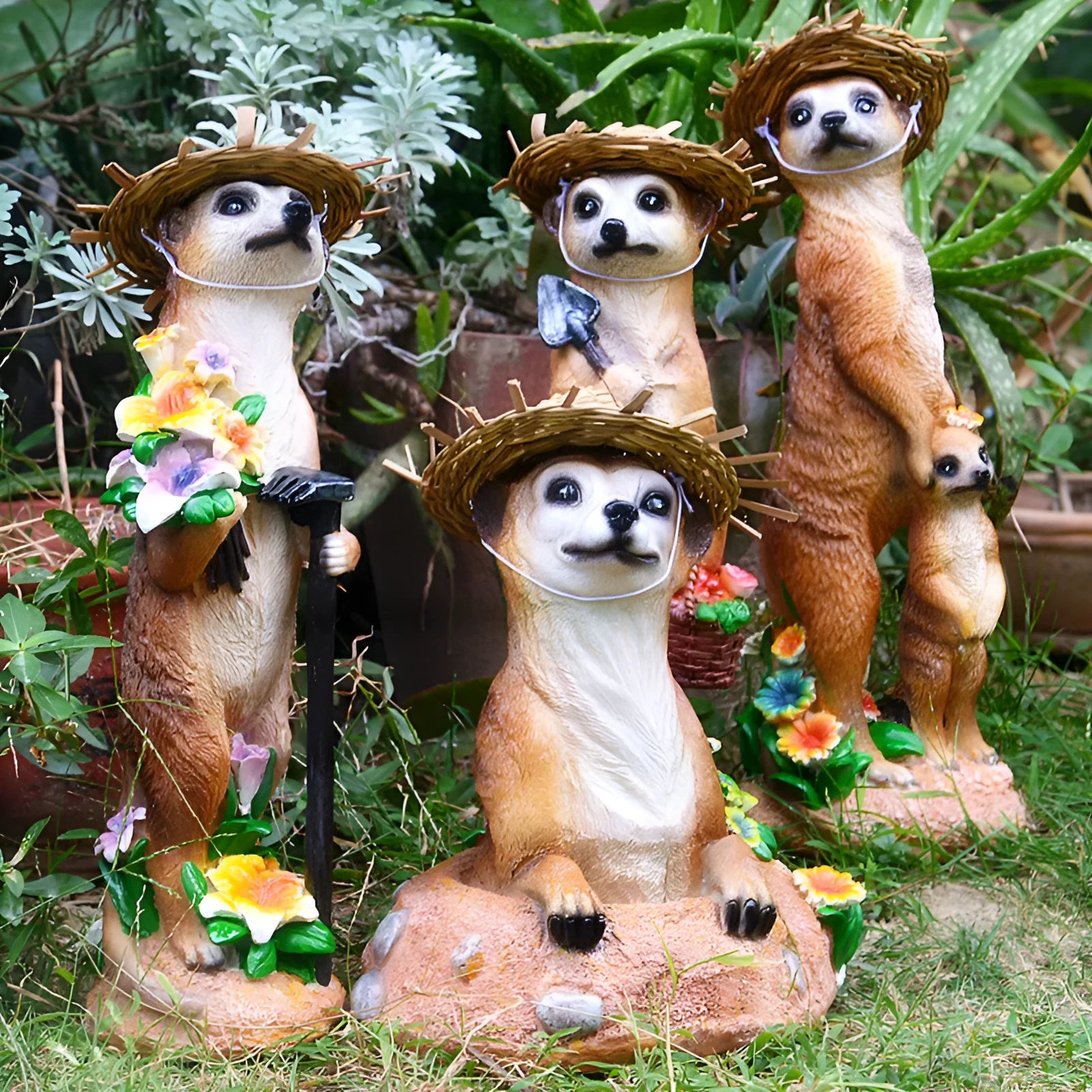 Straw hat mongoose garden ornament with mother and baby figures