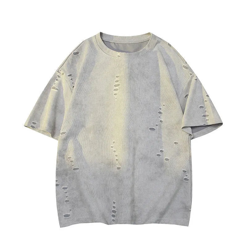 Men's blue ripped short sleeve cotton blend T-shirt with loose fit casual style