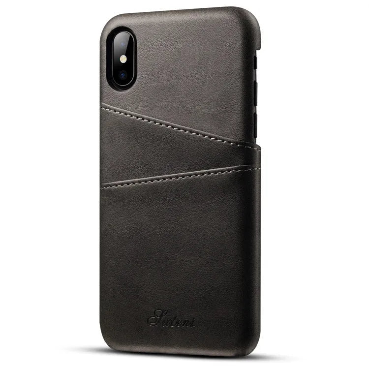 Slim black PU leather wallet case for a mobile phone, showing two card slots on the back.