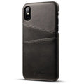 Slim black PU leather wallet case for a mobile phone, showing two card slots on the back.
