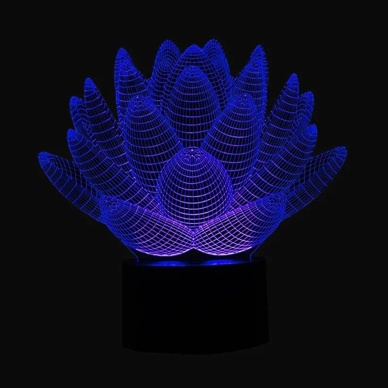 White lotus-shaped acrylic night light with LED base and touch controls on a wooden table.