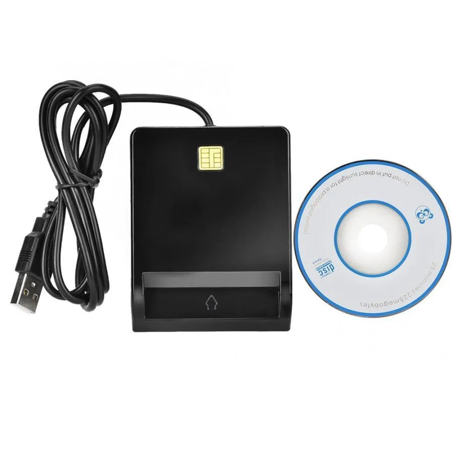 DM-HC65 USB Smart Card Reader in black ABS casing, front view with USB cable and card slot