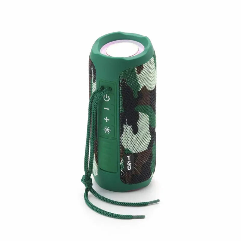 Portable waterproof LED Bluetooth speaker with TF card slot in black colour showing controls and speaker grille