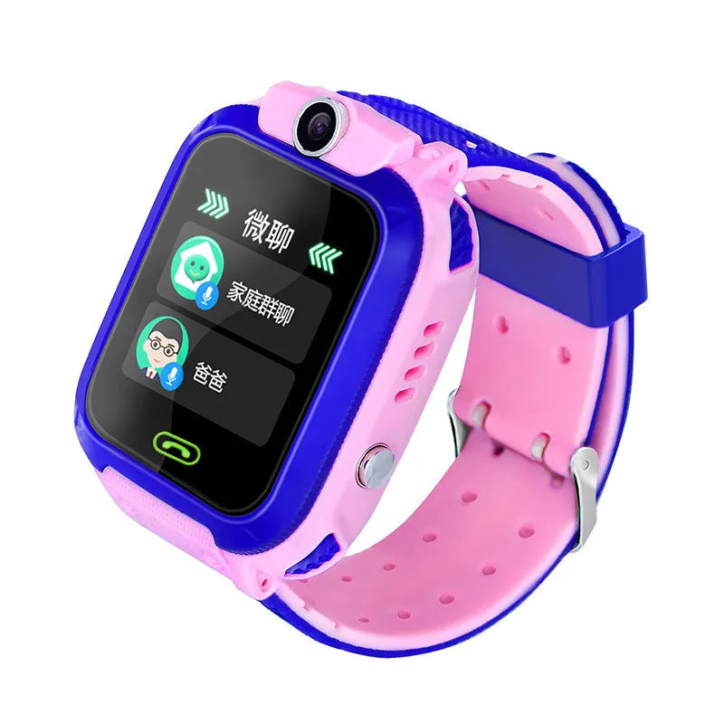 Blue children's waterproof smartwatch phone with colour screen showing GPS and calling functions on a silicone strap.