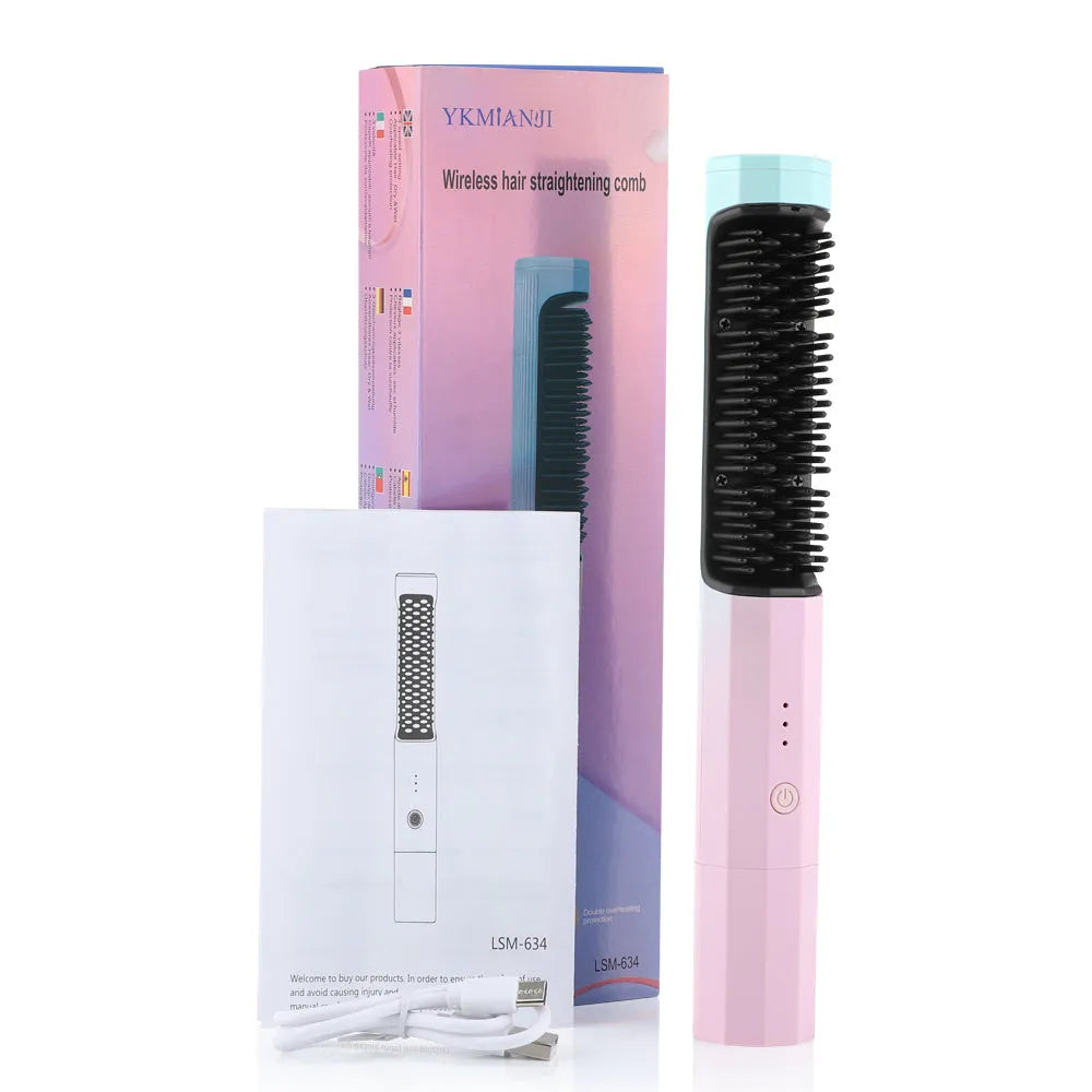 Cordless straightening comb in pink with anti-scald design, 4000mAh battery, and USB charging cable