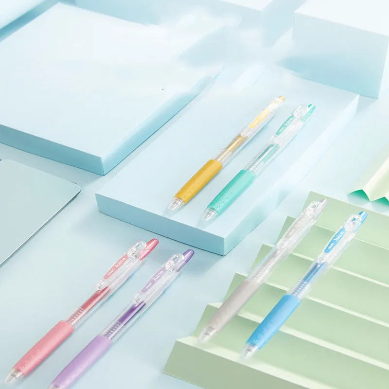 Set of six Direct Juice Baiguole 0.5mm gel pens showing metallic gold, silver, and pastel coloured barrels.