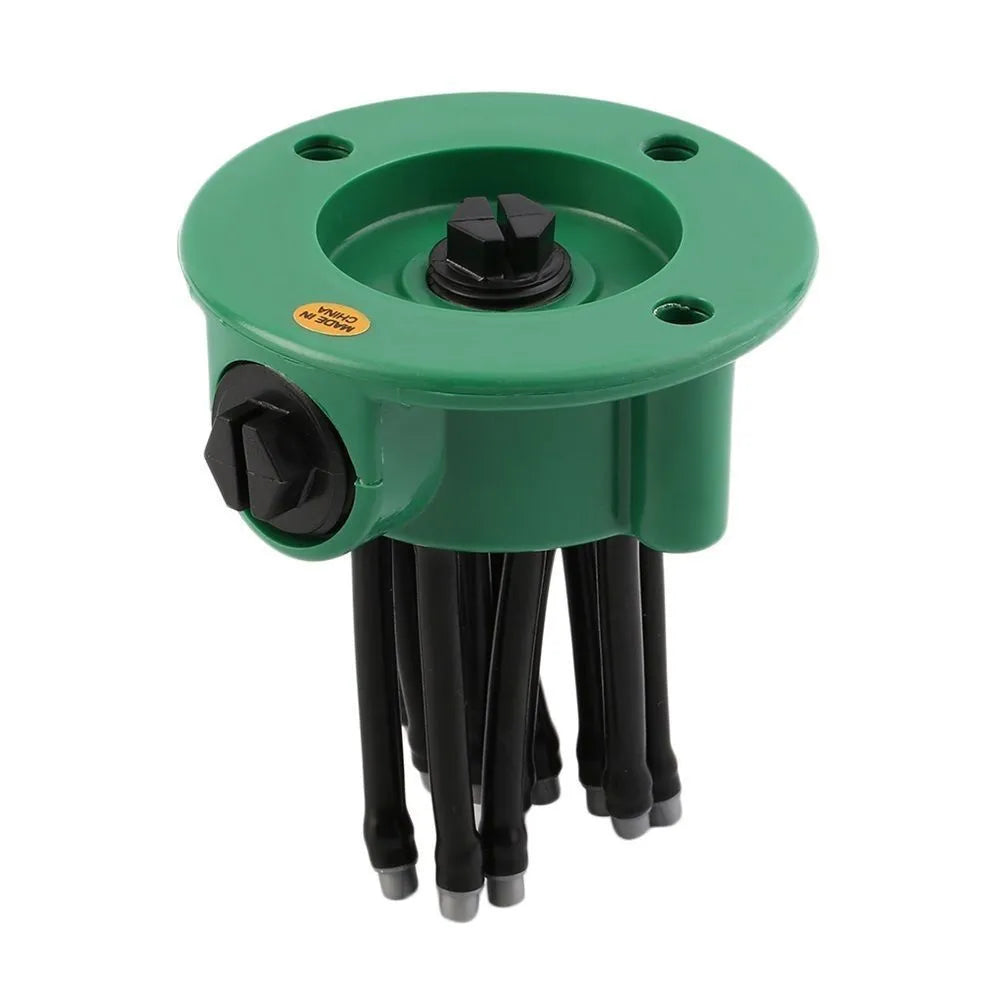 Green adjustable lawn sprinkler with multiple flexible nozzles on 9cm diameter base