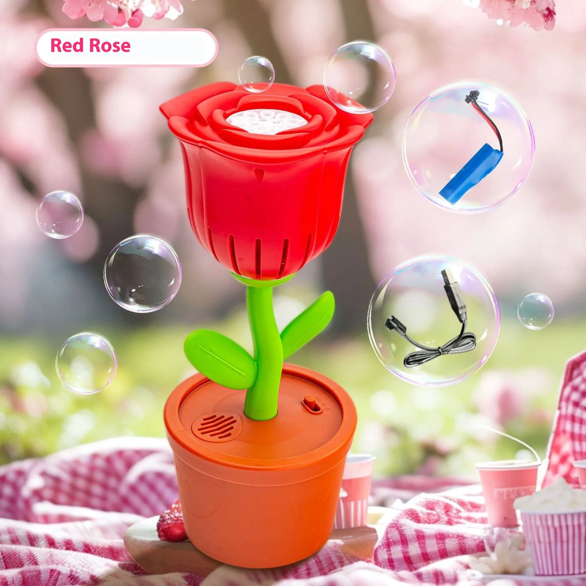 Rechargeable children's ABS bubble machine in red, blue, yellow, purple, or pink style for outdoor play