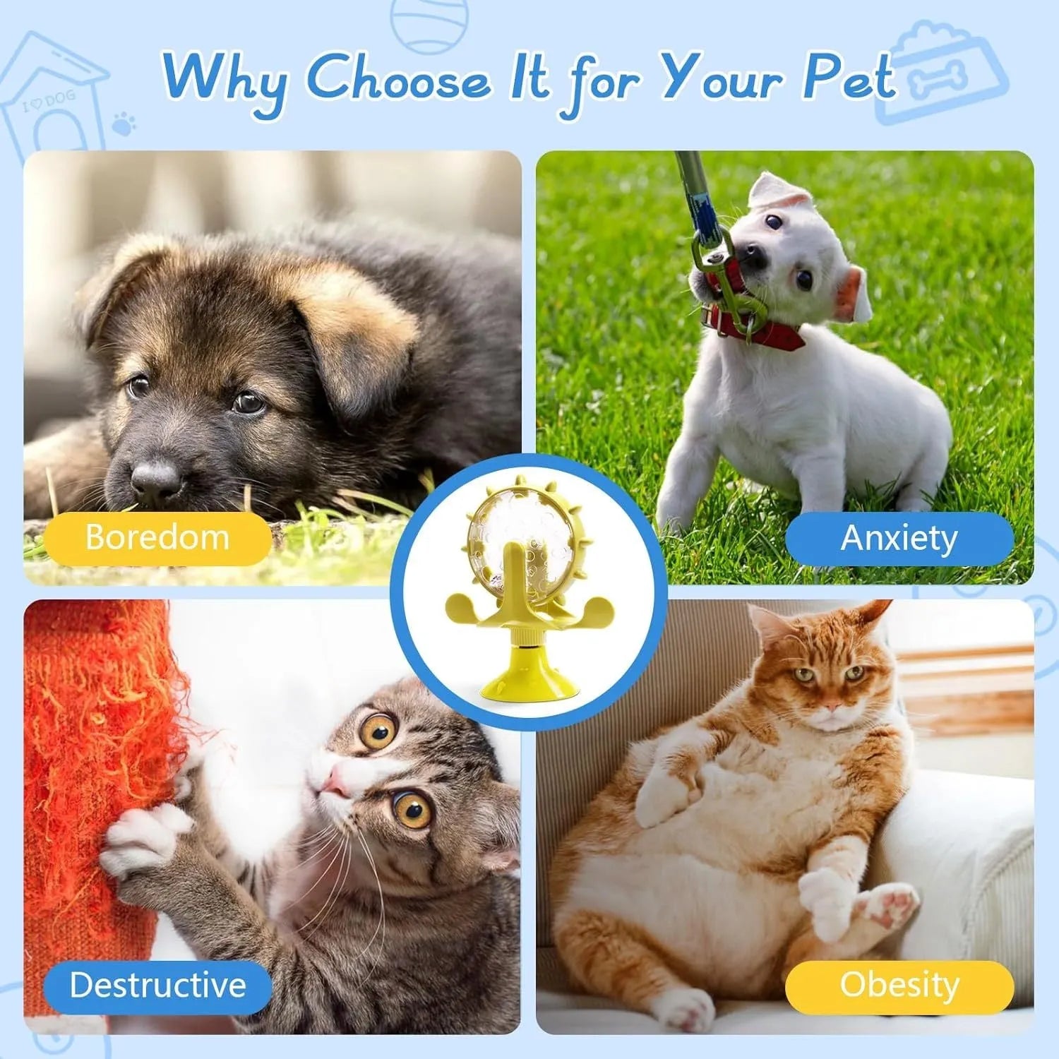Blue interactive pet puzzle feeder toy with rotating spinner and suction cup base