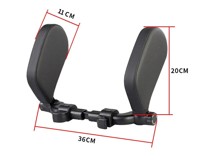 Car headrest neck pillow with memory foam padding, adjustable width and height, leather cover in black with red