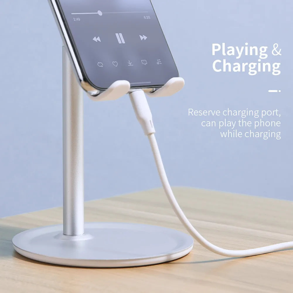 Aluminium alloy mobile phone stand with silicone head and ABS base in black or white colour.