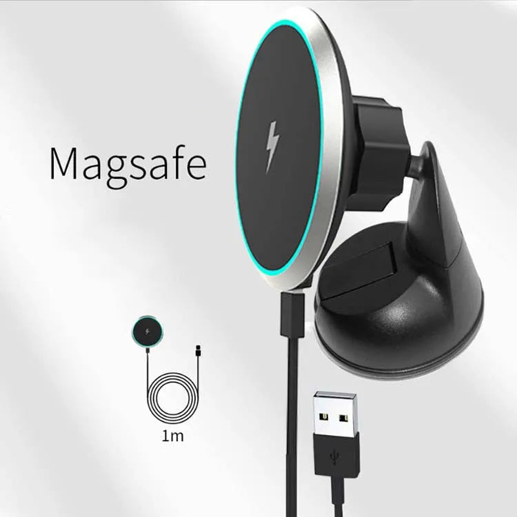15W magnetic wireless car charger mounted on a vehicle air vent, showing plastic housing and LED light.
