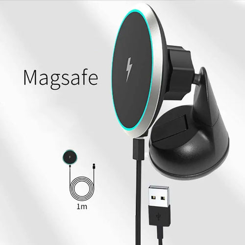 15W magnetic wireless car charger mounted on a vehicle air vent, showing plastic housing and LED light.