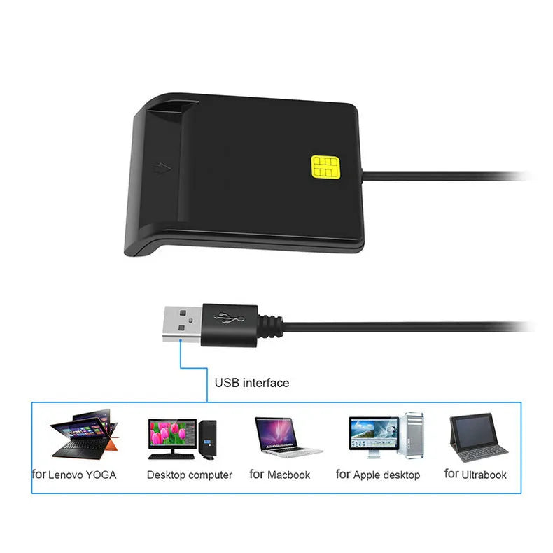 DM-HC65 USB Smart Card Reader in black ABS casing, front view with USB cable and card slot