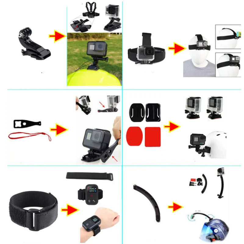 Black sports camera accessories set with storage bag, helmet mount, chest strap, selfie stick, and tripod
