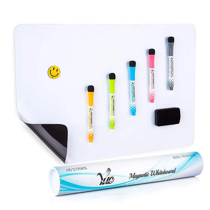 A3 magnetic soft whiteboard as rounded fridge magnet on a refrigerator door showing written notes