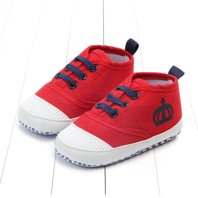 Canvas toddler shoes in red and white with cotton upper and elastic band