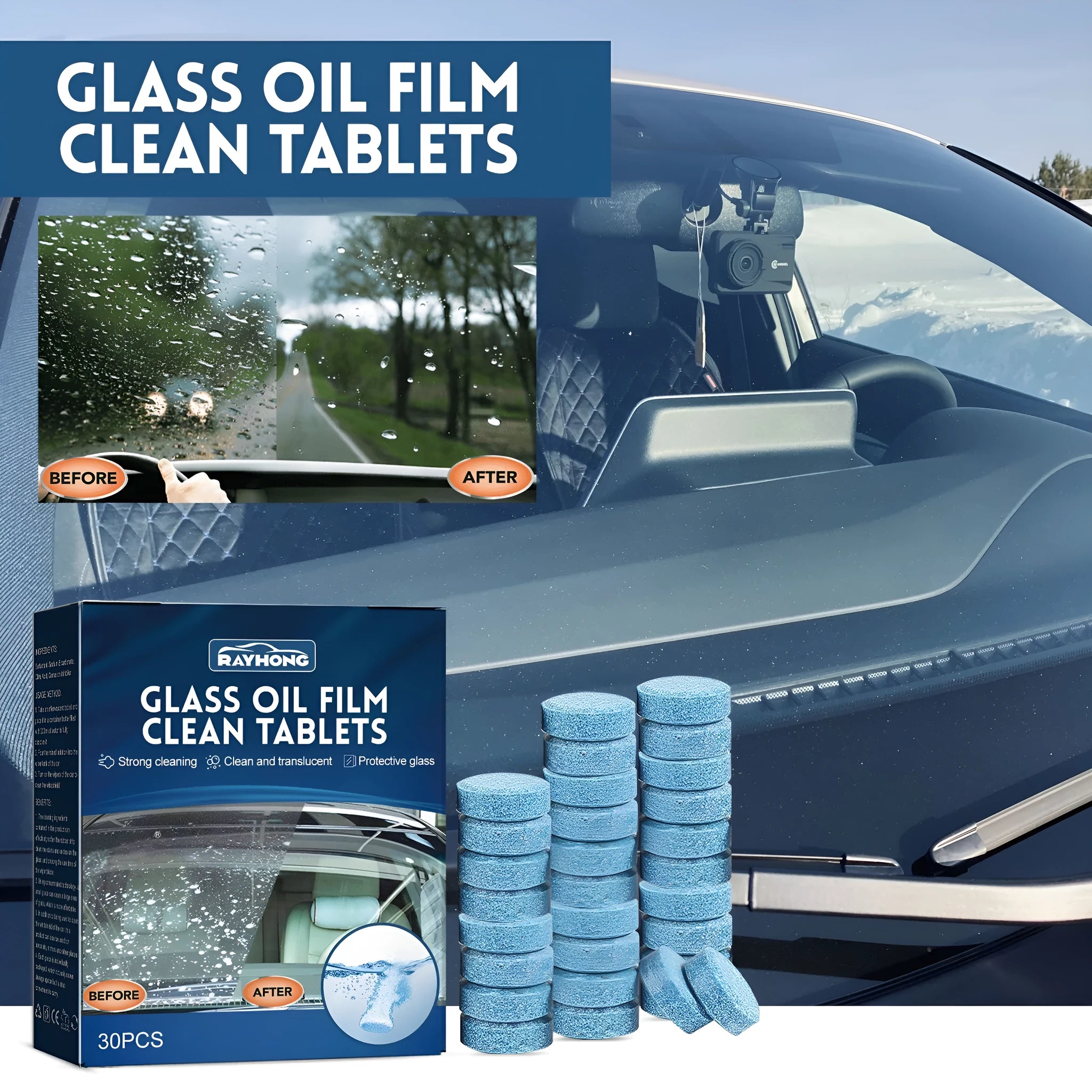 Box of 30 car windscreen cleaning effervescent tablets for removing oily film