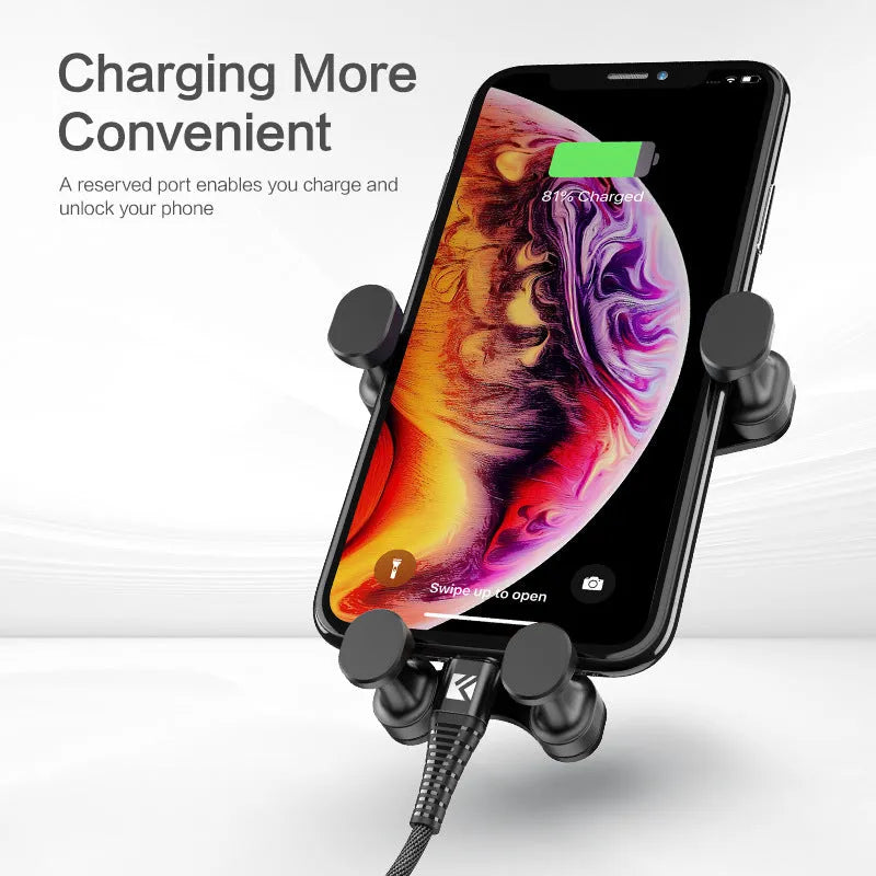 Black gravity car phone holder showing 360-degree rotation mechanism