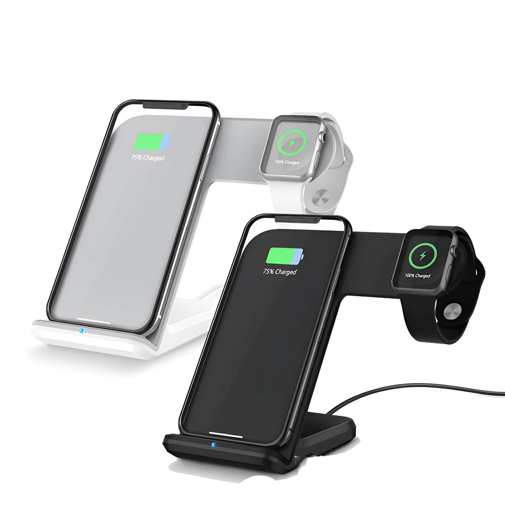 Black wireless charging pad for mobile phones on a wooden desk with a smartphone placed on top.