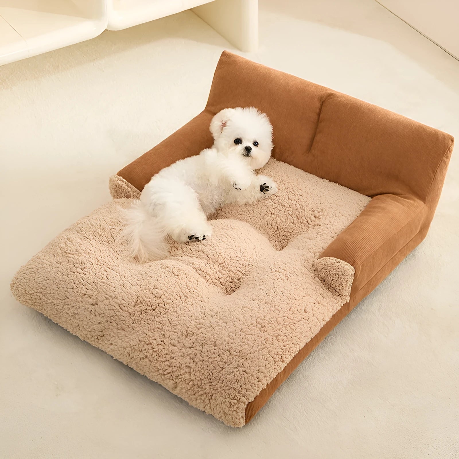 Grey pet nest cushion mat for small dog, shown in medium size with dimensions 58cm long by 43cm wide.