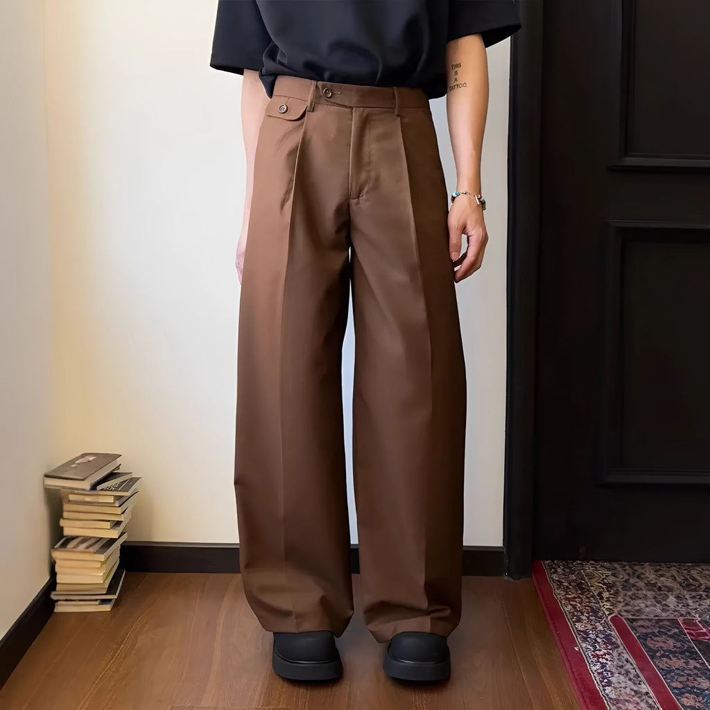 Men's solid colour drape casual trousers with straight-leg loose fit in polyester blend fabric
