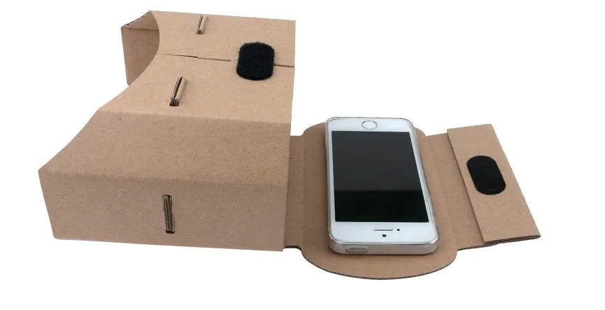Cardboard virtual reality glasses for smartphones, showing lenses and phone slot.