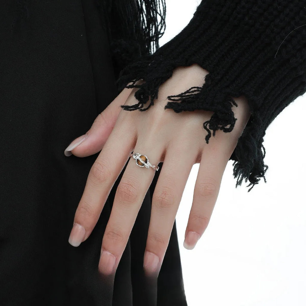 Silver Saturn open ring with tigereye detail and white gold-coloured electroplated finish, adjustable opening