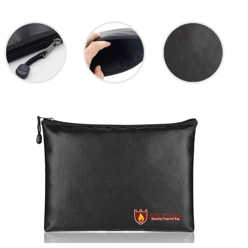 Black fire-proof contract information document bag shown in three different sizes for A4 paperwork.