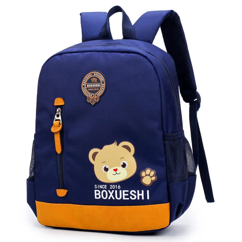 Cartoon bear design blue school backpack for boys aged 3-7 years with adjustable padded shoulder straps