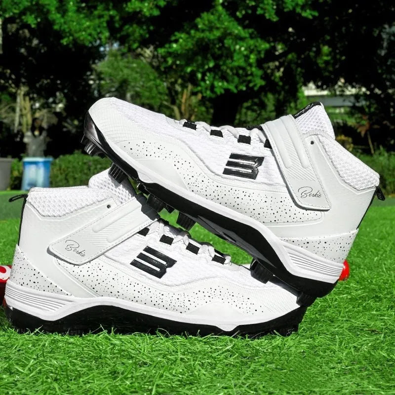 Black and white unisex adult baseball training sneakers with Velcro strap and wear-resistant rubber sole.