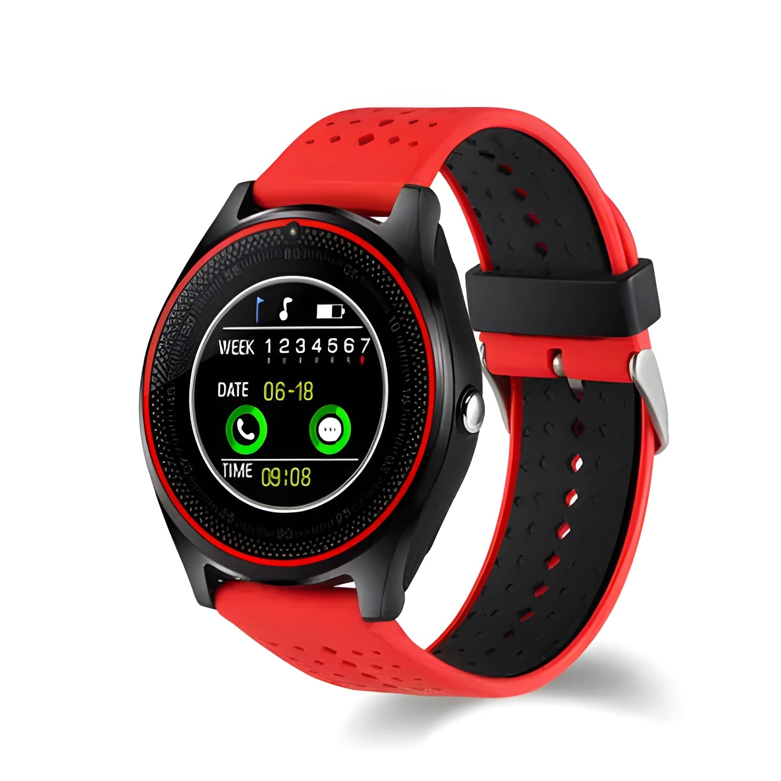 Call photo pedometer smart watch with 53mm black case on a wrist, displaying a call notification screen