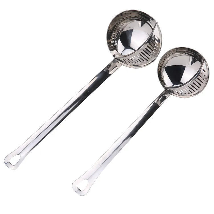 Stainless steel detachable colander spoon with large strainer head on white background